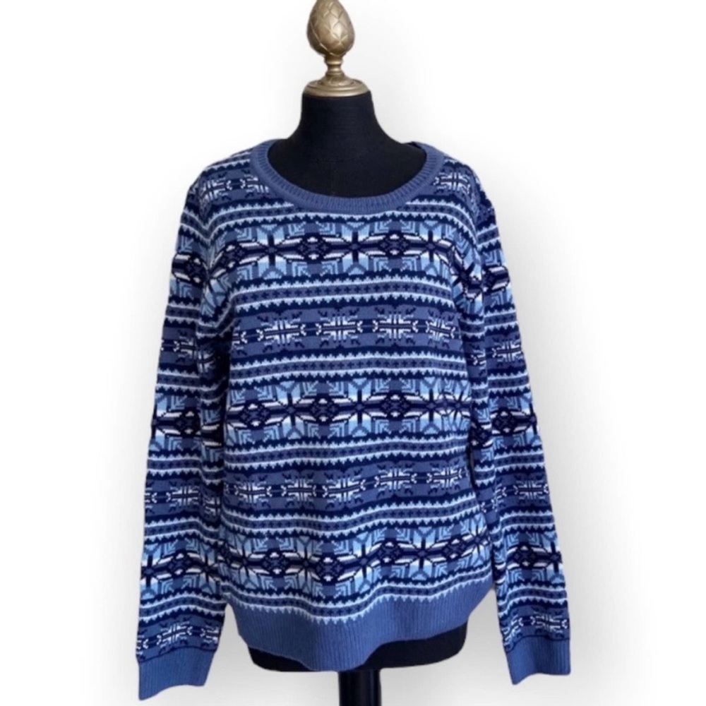 Le Tigre Sweater Knit Fair Isle Crew Neck Wool Dark Blue White Size XL